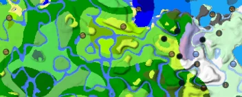 A map showing biomes as different colors and markers for structures. Some shading is done to show terrain.