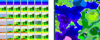 A section of the snowcapped editor. Split into two parts. On the left a grid is seen where each cell contains another grid filled with colors. The right shows a map where the colors represent different biomes.