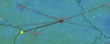 This image consists of two parts. On the left there is a part of a timeline, going top to bottom showing times of the sunrise, blue and golden hour and nautical twilight. On the right there is a map showing the surrounding of Insbruck with a marker with multiple dashed lines going in different directions.